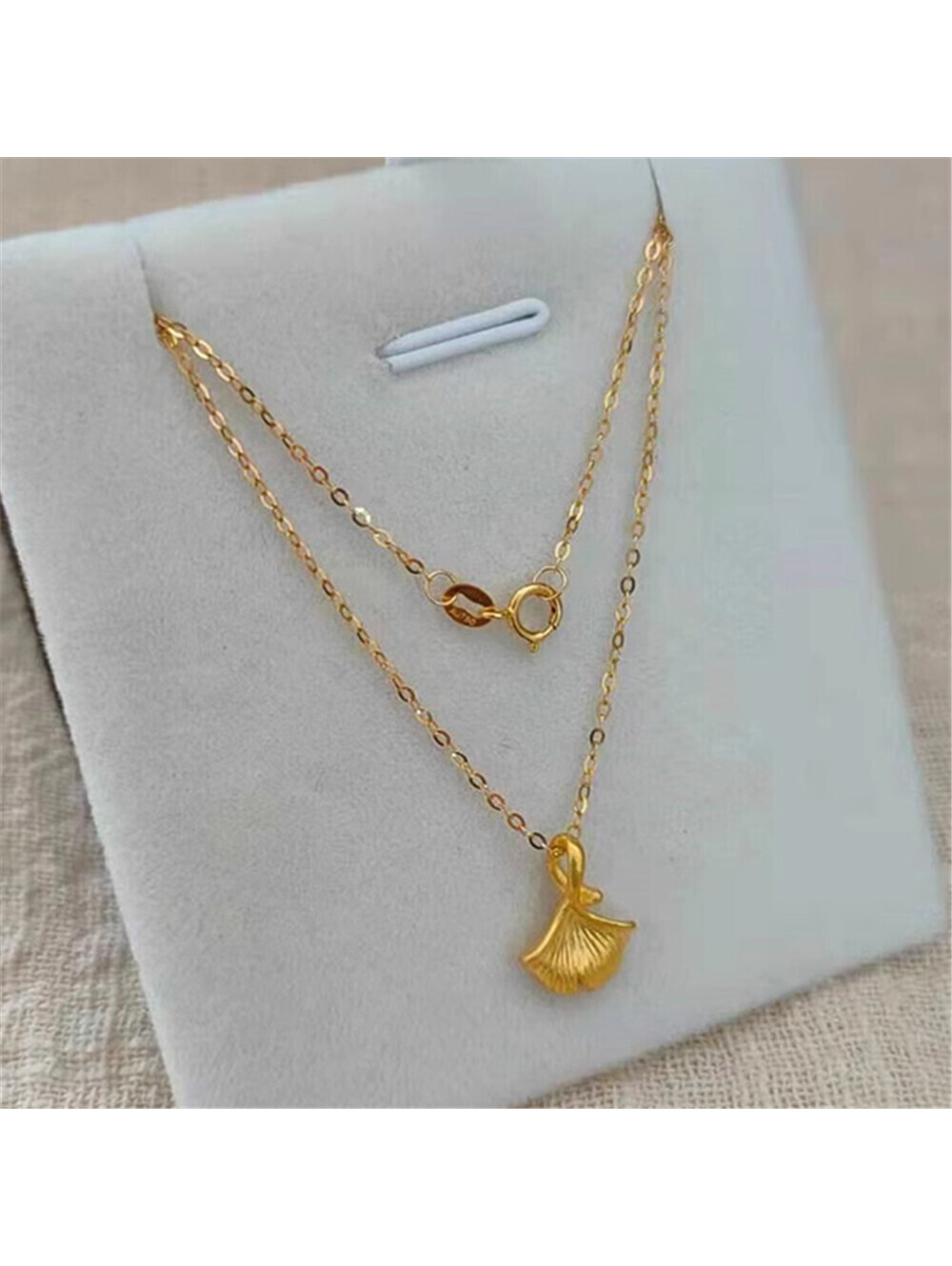 Pure 999 24K Yellow Gold Ginkgo Pendant With 18K O Link Necklace 17.9inch